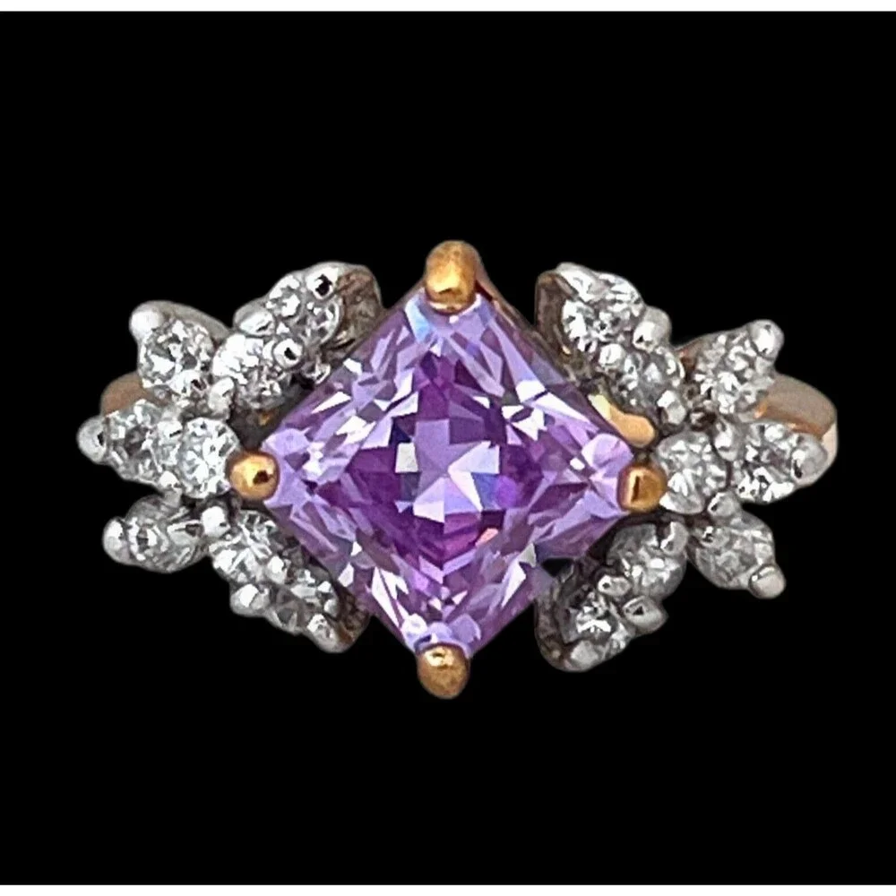 Vintage 1980s Lavender CZ Ring Size 8 Princess Cut 14KTGE Gold Plate - 14F